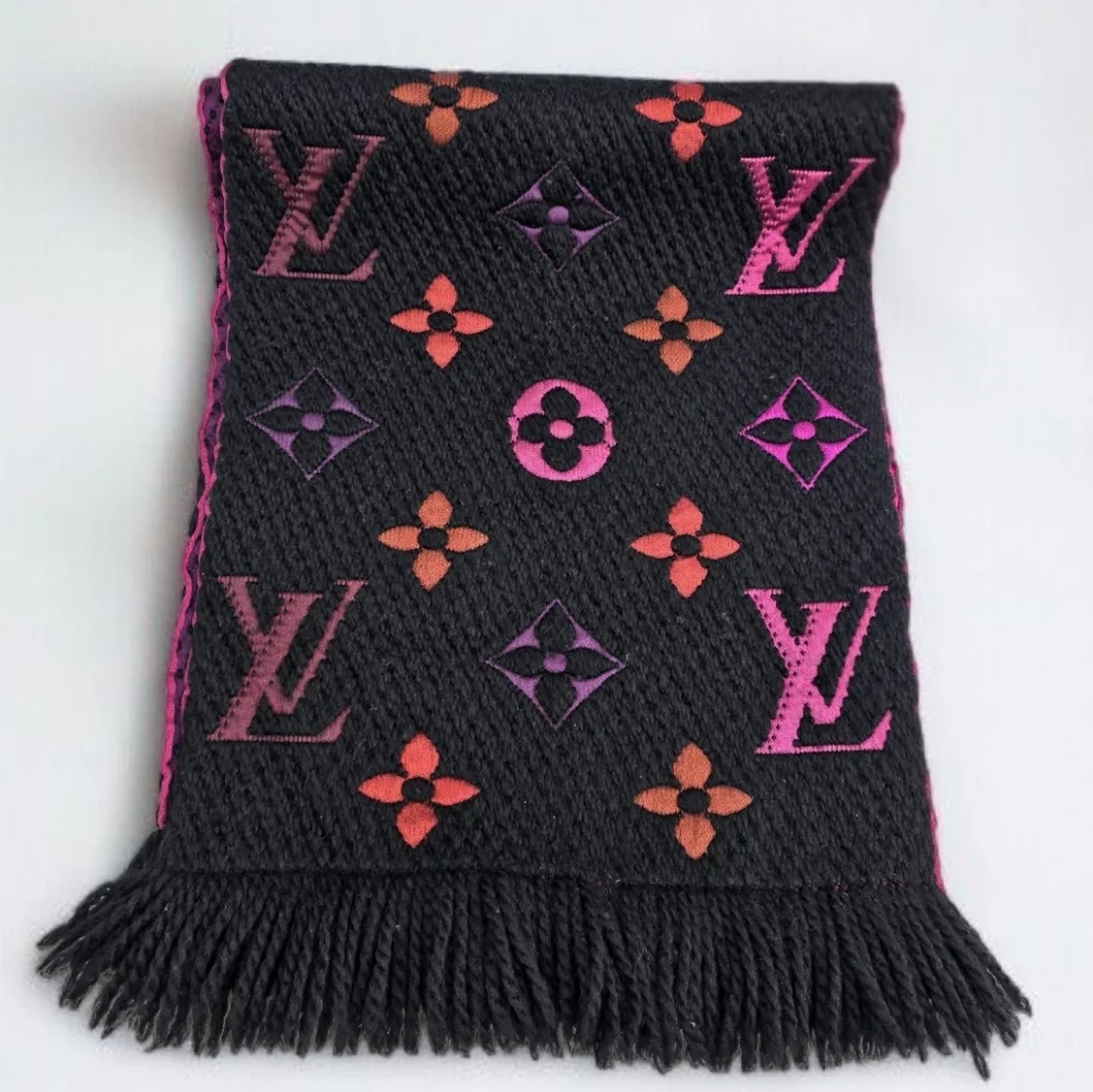 Louis Vuitton Echarpe Logomania Rainbow Wool Silk Scarf Black Pink